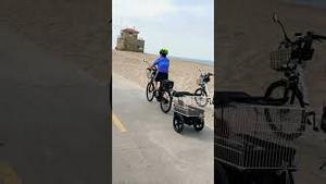 骑自行车拉着露西逛海滩。